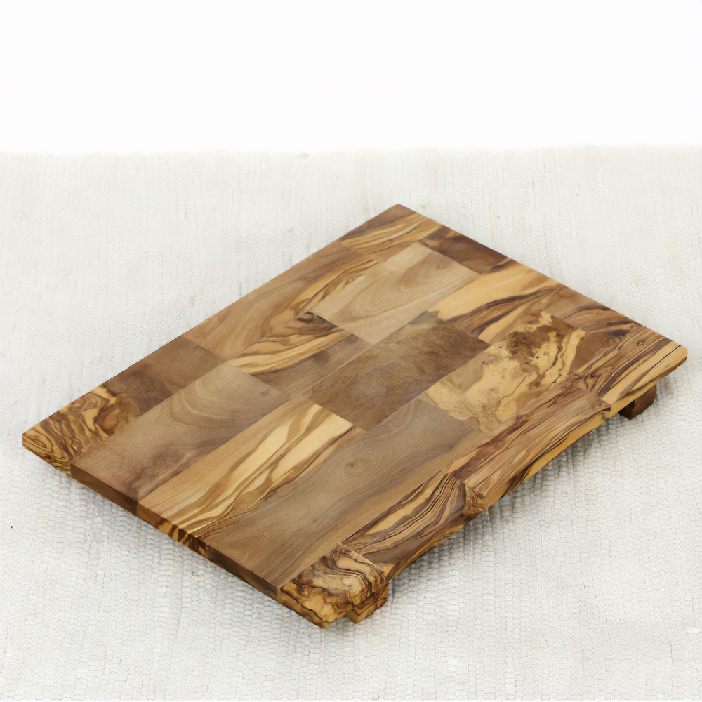 オリーブ木 はぎ合わせ四角プレート脚付き 26x18CM