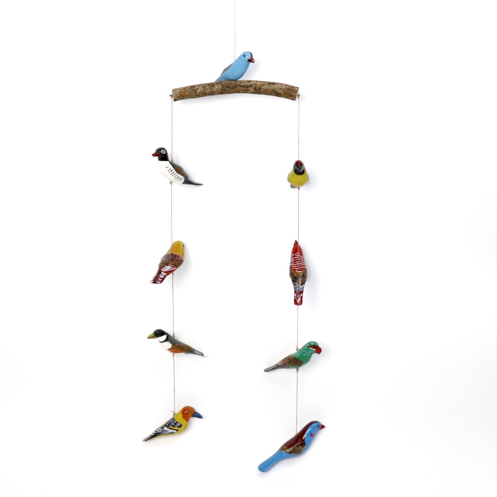 ケニアの木製鳥モビール 二列 アソートカラー