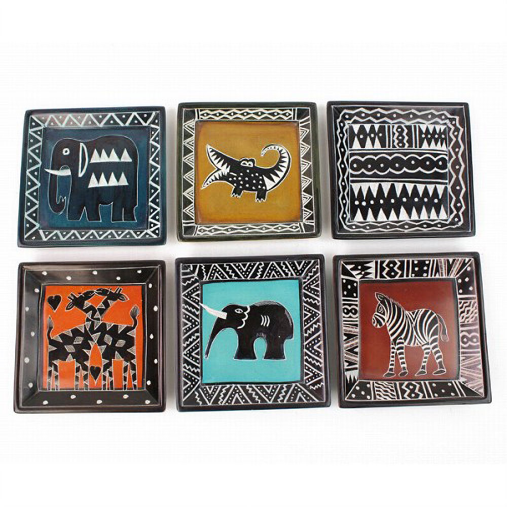 ソープストーン　四角絵皿　中アソート