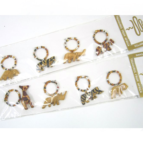 ビーズワインリング 4個セット 木動物