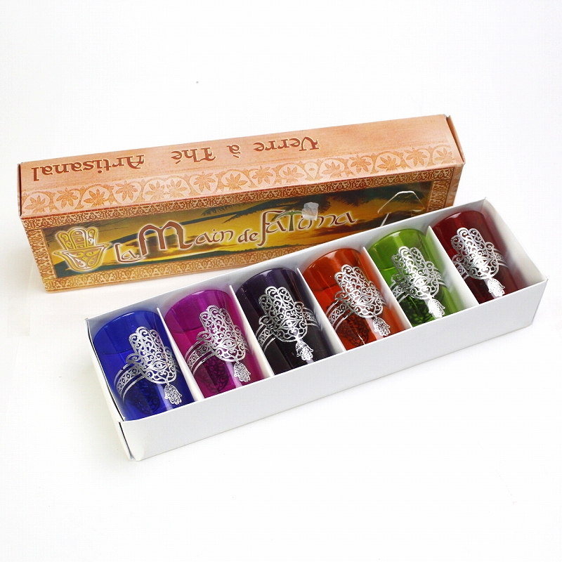 モロッコプリントグラス 6個セット シルバーファティマ真ん中ライン　