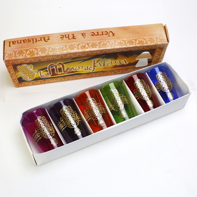 モロッコプリントグラス 6個セット ゴールドファティマ真ん中ライン　