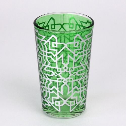 モロッコプリントグラス　1個売り　銀迷路　黄緑