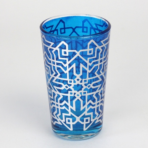 モロッコプリントグラス　1個売り　銀迷路　水色