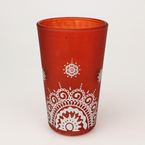 モロッコプリントグラス 1個売り 白レース柄 オレンジ