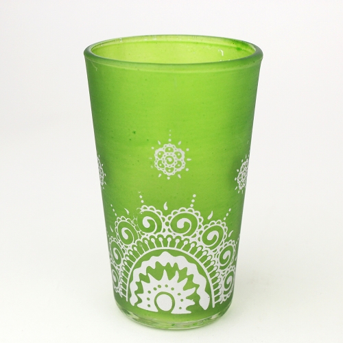 モロッコプリントグラス 1個売り 白レース柄 黄緑
