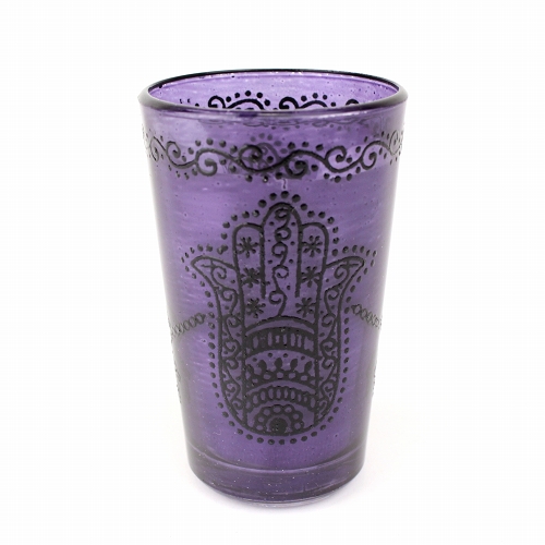 モロッコプリントグラス 1個売り 黒ファティマ手 紫