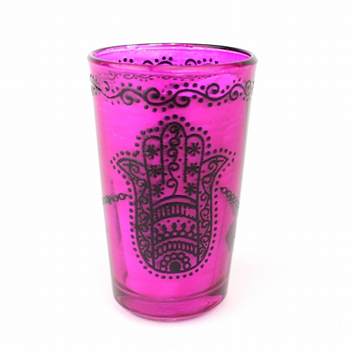 モロッコプリントグラス 1個売り 黒ファティマ手 ピンク