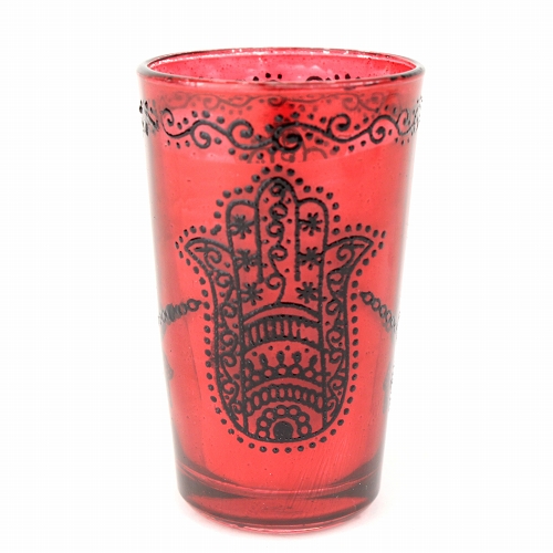 モロッコプリントグラス 1個売り 黒ファティマ手 赤