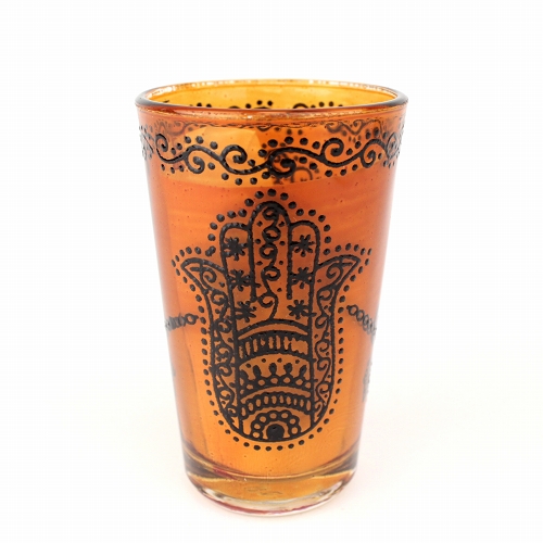 モロッコプリントグラス 1個売り 黒ファティマ手 オレンジ