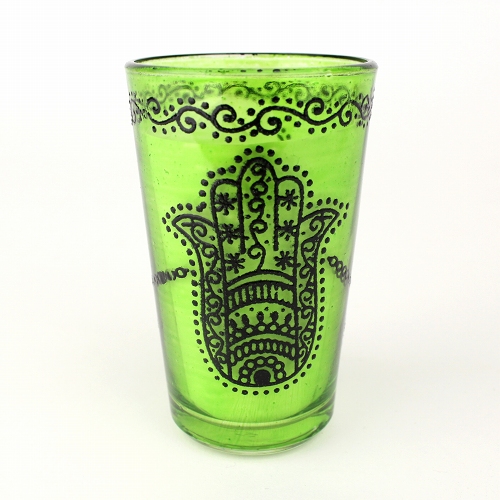 モロッコプリントグラス 1個売り 黒ファティマ手 黄緑