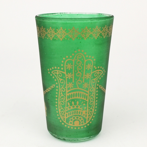 モロッコプリントグラス 1個売り 金ファティマ手 緑