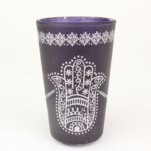 モロッコプリントグラス 1個売り 銀ファティマ手 紫