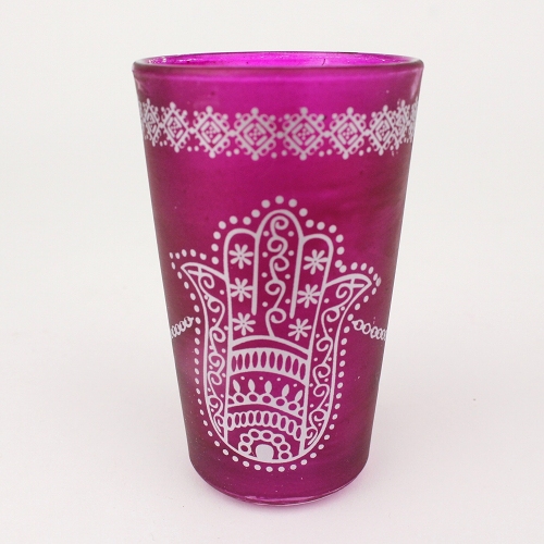 モロッコプリントグラス 1個売り 銀ファティマ手 ピンク