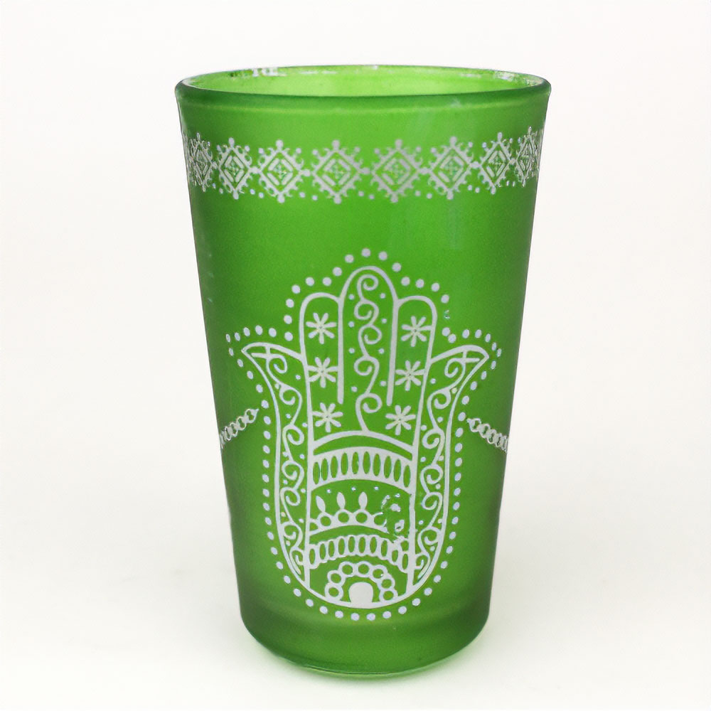モロッコプリントグラス 1個売り 銀ファティマ手 黄緑