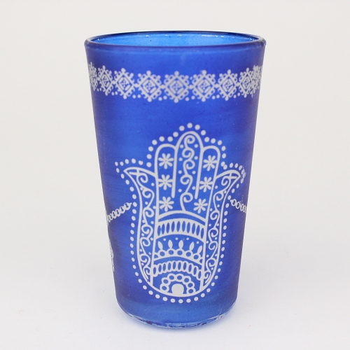 モロッコプリントグラス 1個売り 銀ファティマ手 青