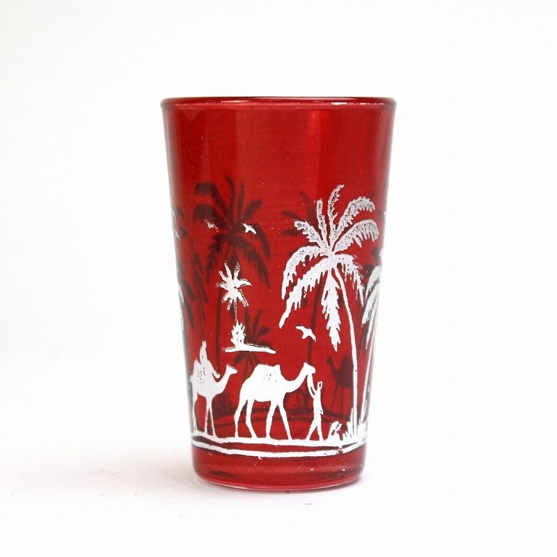 モロッコプリントグラス 1個売り シルバーヤシ柄 赤