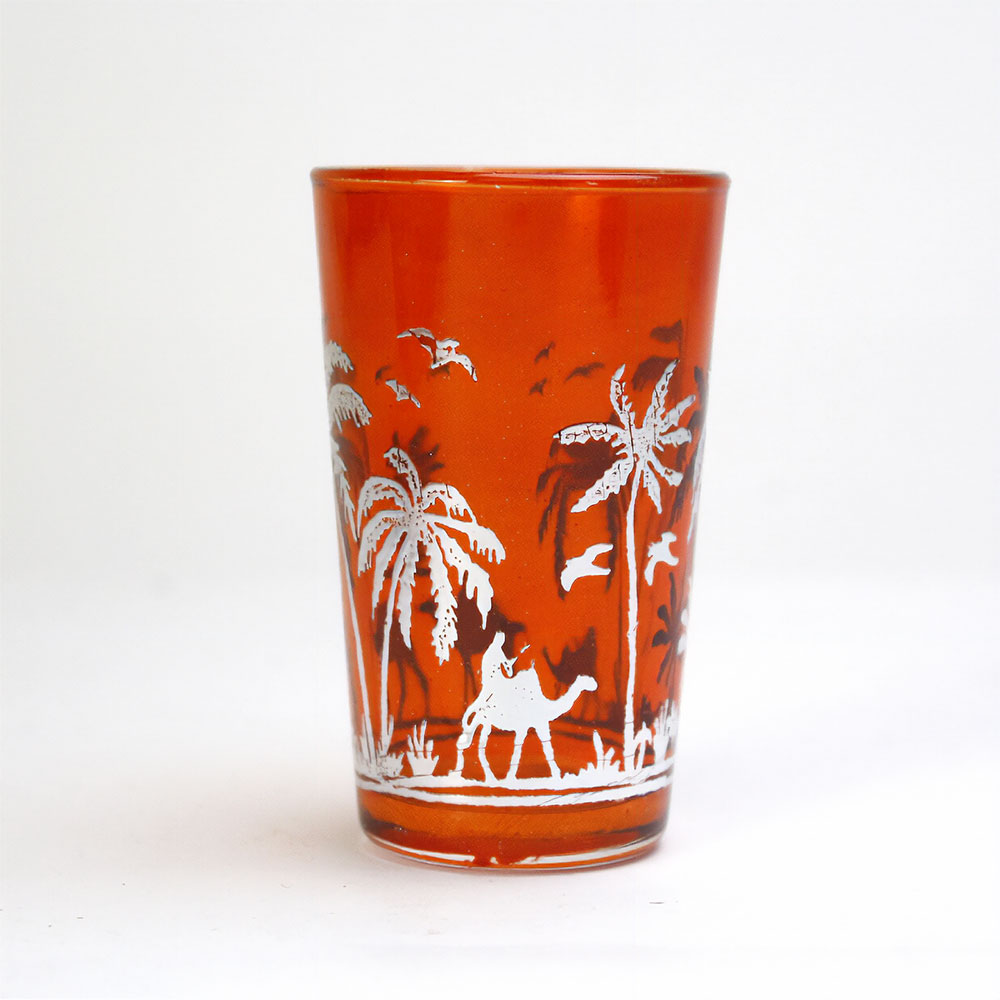 モロッコプリントグラス 1個売り シルバーヤシ柄 オレンジ