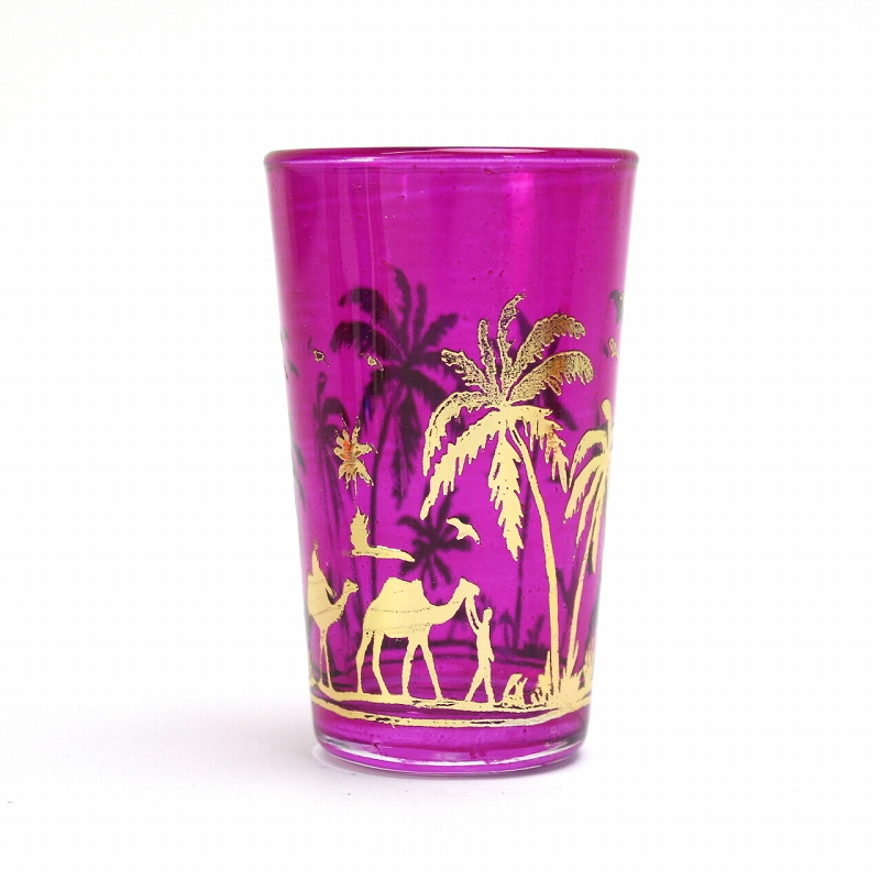モロッコプリントグラス 1個売り ゴールドヤシ柄 ピンク