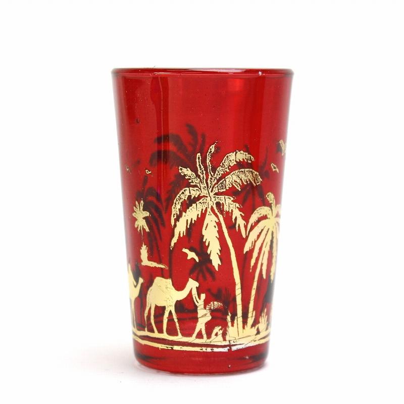 モロッコプリントグラス 1個売り ゴールドヤシ柄 赤