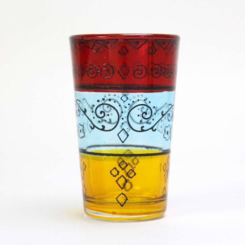 モロッコプリントグラス 1個売り 3段カラーボーダー 赤