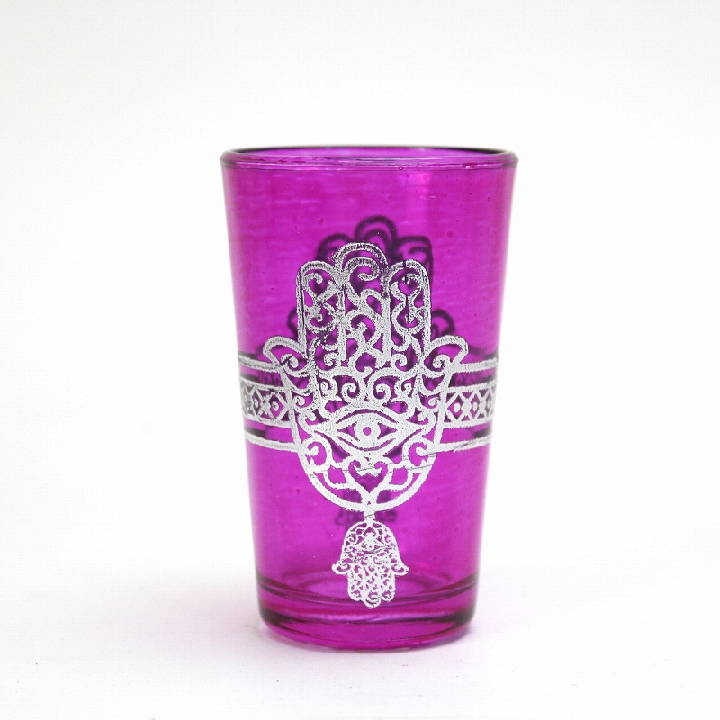 モロッコプリントグラス 1個売り シルバーファティマ真ん中ライン ピンク