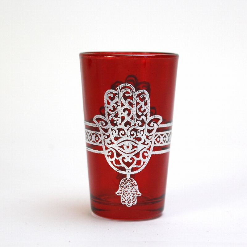 モロッコプリントグラス 1個売り シルバーファティマ真ん中ライン 赤