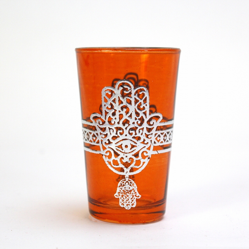 モロッコプリントグラス 1個売り シルバーファティマ真ん中ライン オレンジ