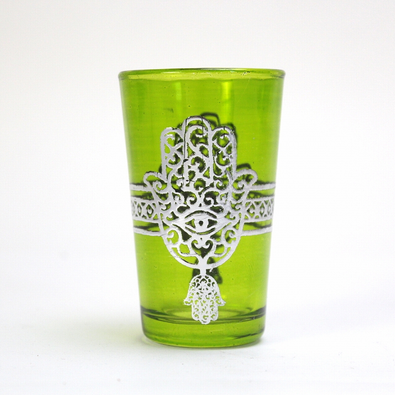 モロッコプリントグラス 1個売り シルバーファティマ真ん中ライン 黄緑