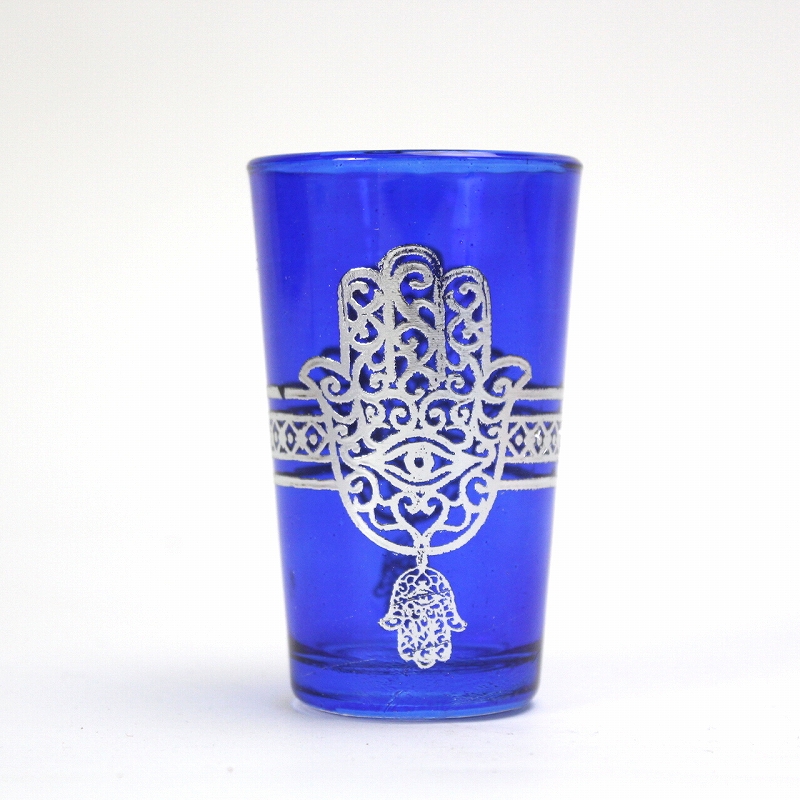 モロッコプリントグラス 1個売り シルバーファティマ真ん中ライン 青