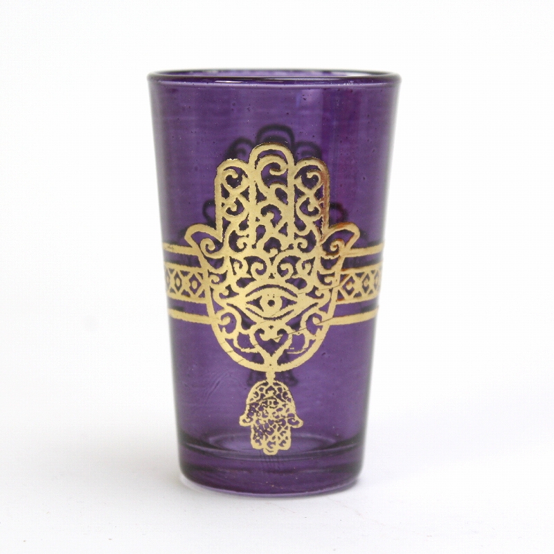モロッコプリントグラス 1個売り ゴールドファティマ真ん中ライン 紫