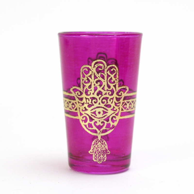 モロッコプリントグラス 1個売り ゴールドファティマ真ん中ライン ピンク