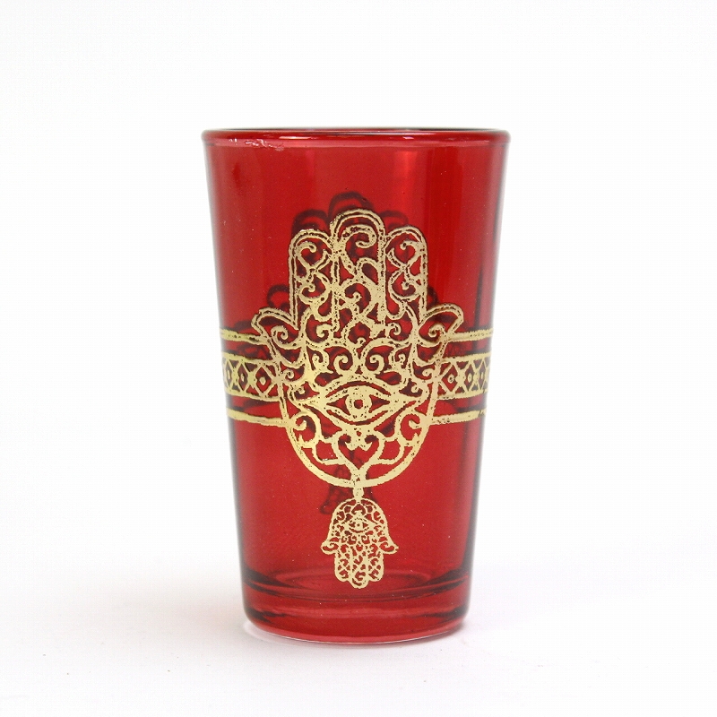 モロッコプリントグラス 1個売り ゴールドファティマ真ん中ライン 赤