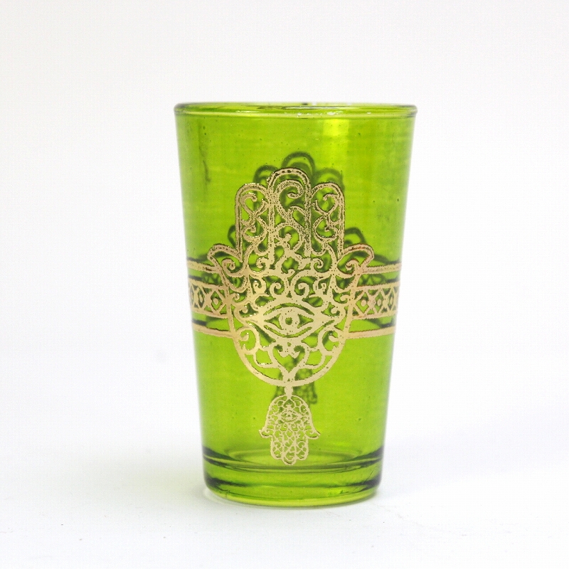 モロッコプリントグラス 1個売り ゴールドファティマ真ん中ライン 黄緑