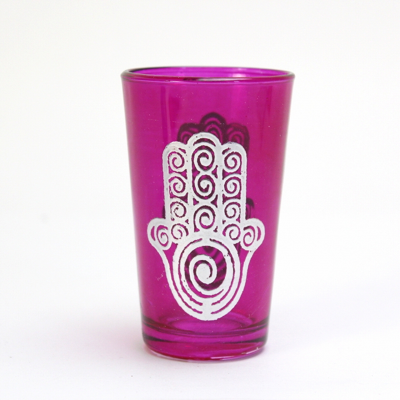 モロッコプリントグラス 1個売り シルバーファティマぐるぐる ピンク