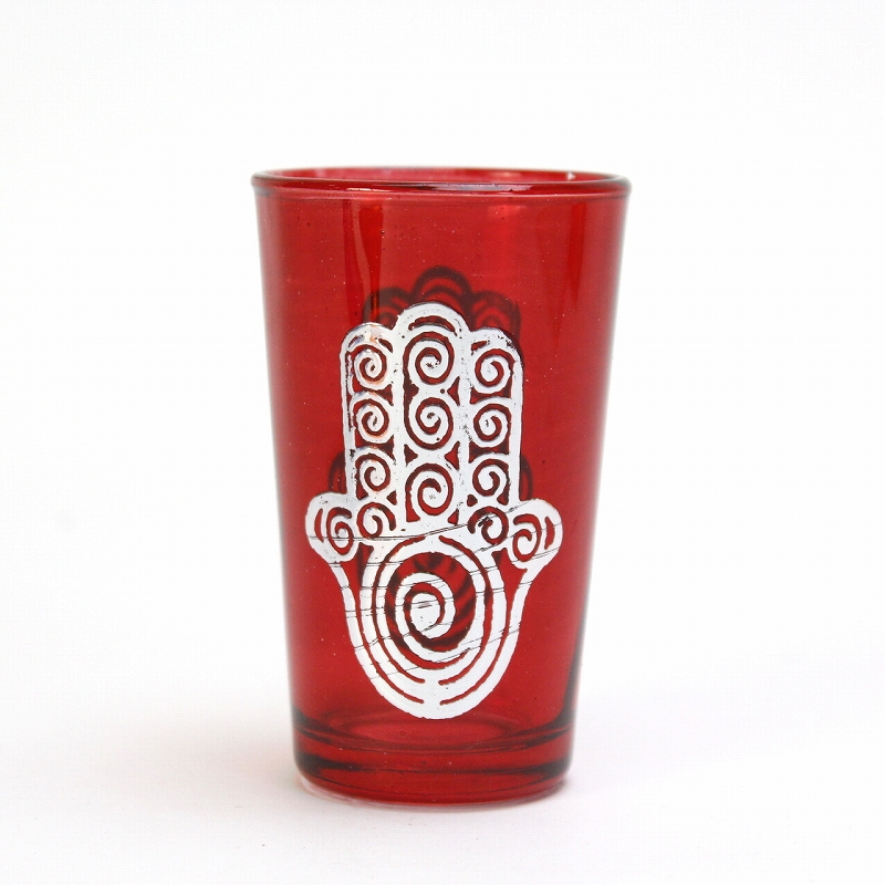 モロッコプリントグラス 1個売り シルバーファティマぐるぐる 赤