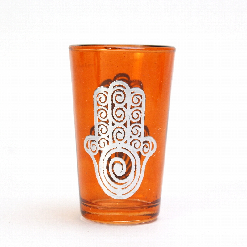 モロッコプリントグラス 1個売り シルバーファティマぐるぐる オレンジ
