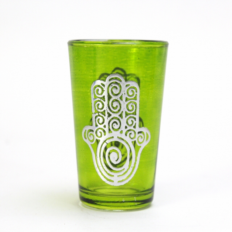モロッコプリントグラス 1個売り シルバーファティマぐるぐる 黄緑