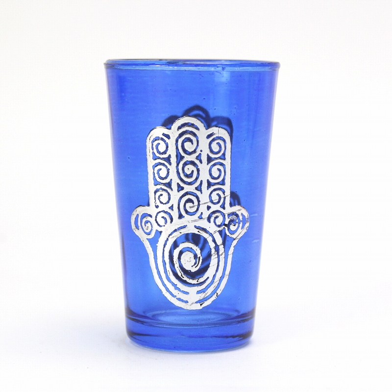 モロッコプリントグラス 1個売り シルバーファティマぐるぐる 青