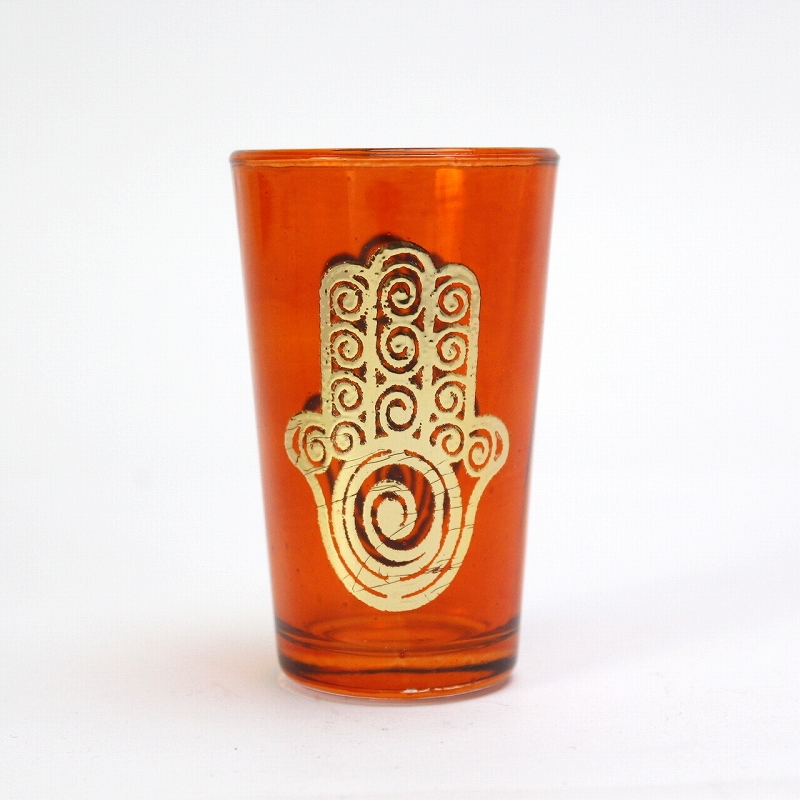 モロッコプリントグラス 1個売り ゴールドファティマぐるぐる オレンジ
