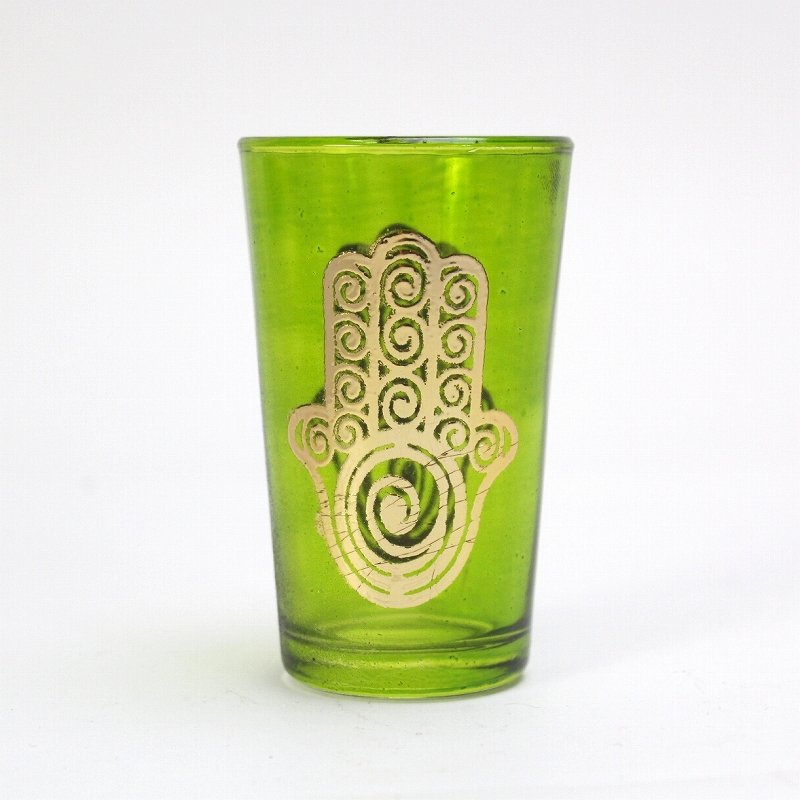モロッコプリントグラス 1個売り ゴールドファティマぐるぐる 黄緑