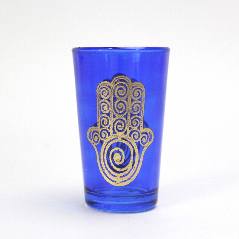 モロッコプリントグラス 1個売り ゴールドファティマぐるぐる 青
