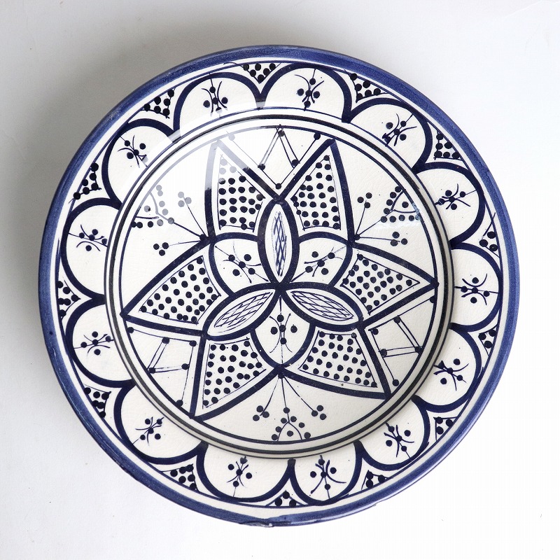 サフィ陶製 皿 径20CM 白×青