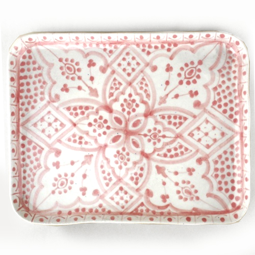 モロッコ手描き陶器 長方形皿 大 ペールピンク