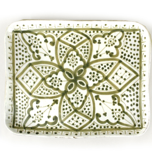 モロッコ手描き陶器 長方形皿 大 ペールグリーン