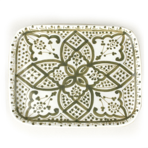 モロッコ手描き陶器 長方形皿 小 ペールグリーン