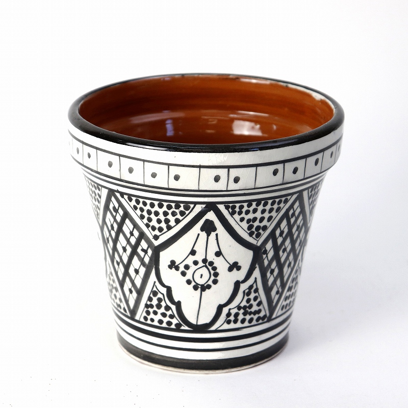 モロッコ陶製植木鉢 伝統柄 中 黒