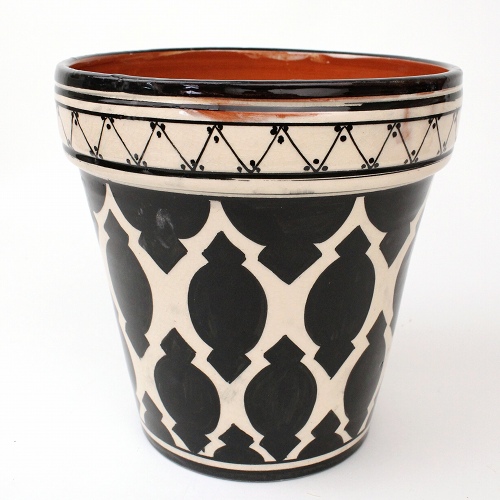 モロッコ陶製植木鉢 大 アラベスク柄 黒