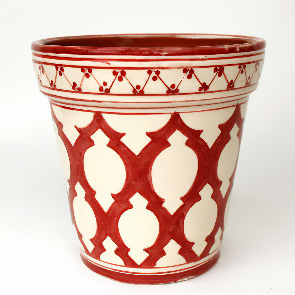 モロッコ陶製植木鉢 大 アラベスク柄 白ベース赤