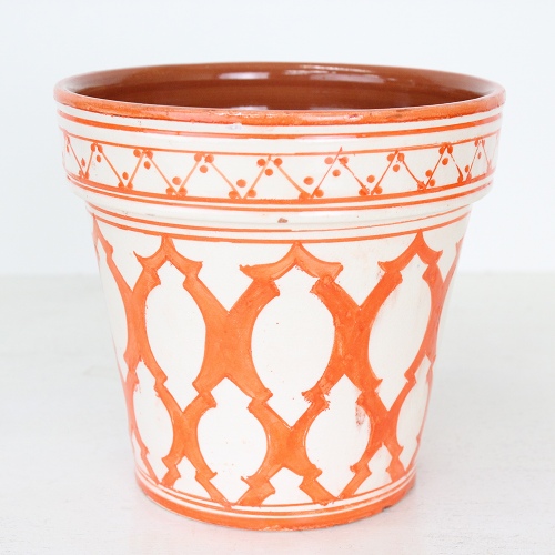 モロッコ陶製植木鉢 大 アラベスク柄 白ベースオレンジ